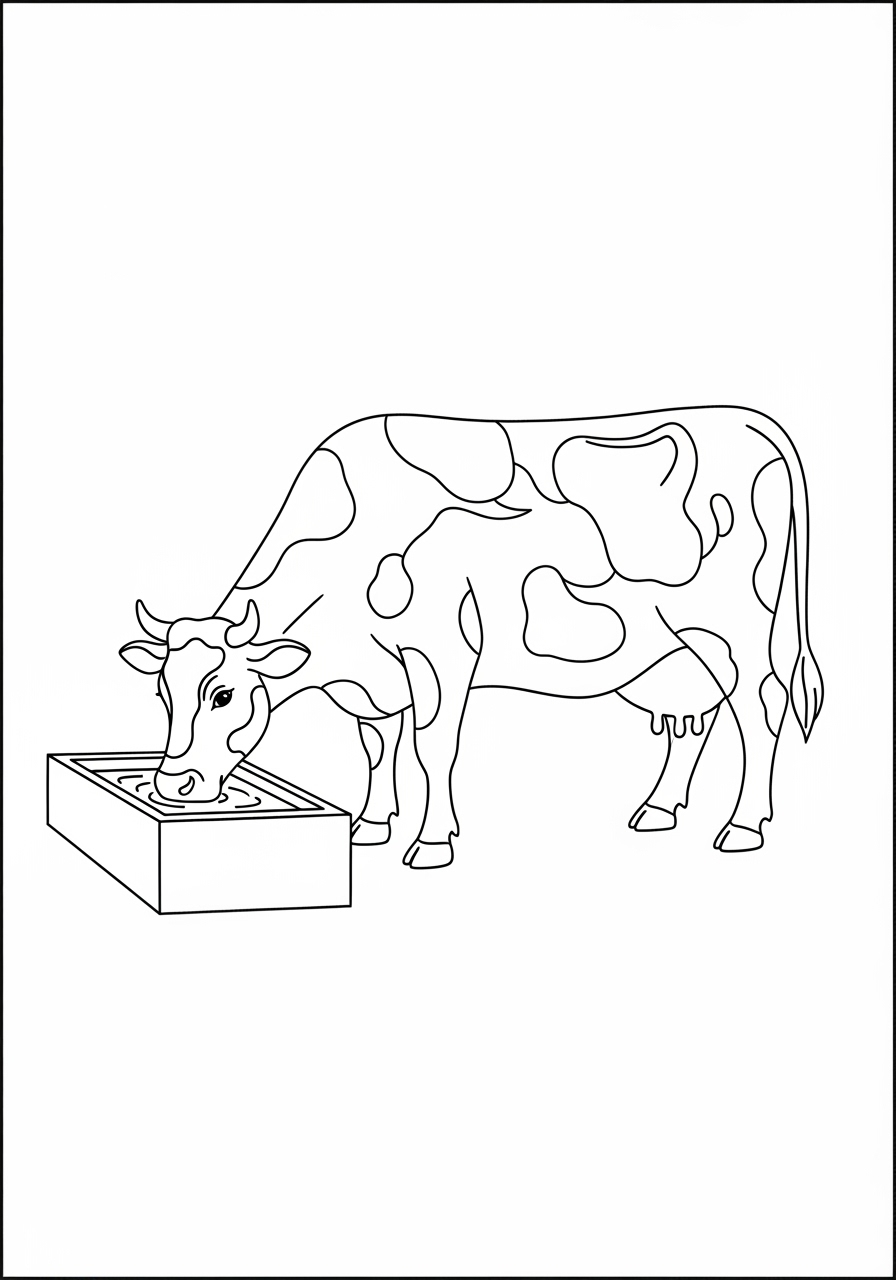 Desenho de Vaca bebendo água em uma caixa