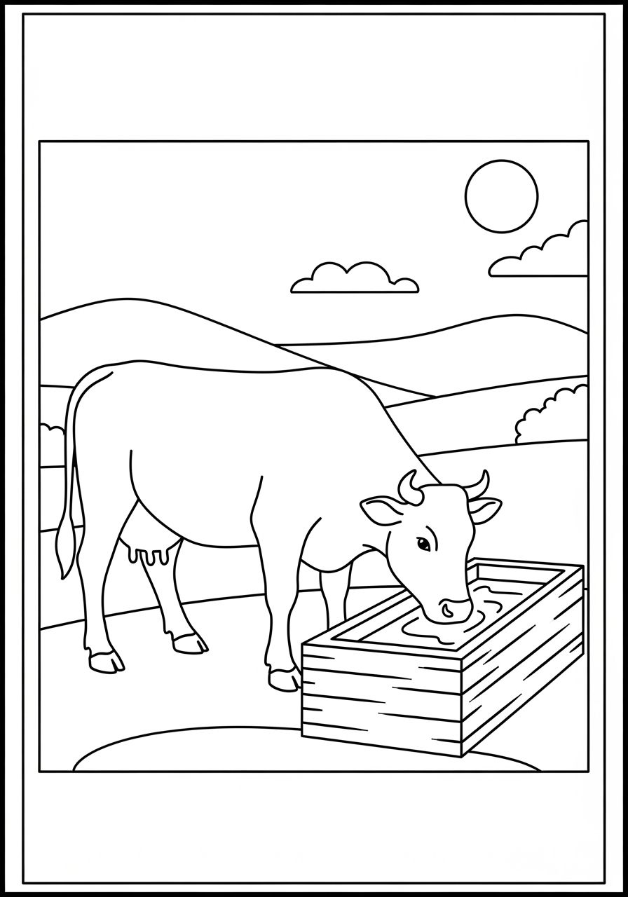 Desenho de Vaca bebendo água em um curral