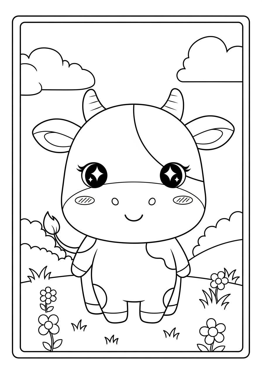 Desenho de Vaca fofinha no campo com flores e nuvens