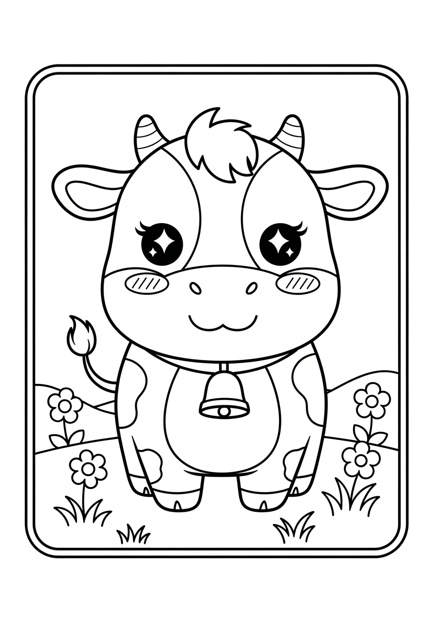 Desenho de Vaca fofa com flores e montanha ao fundo