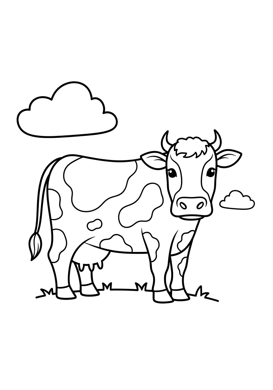 Desenho de Vaca pastando com nuvens ao fundo