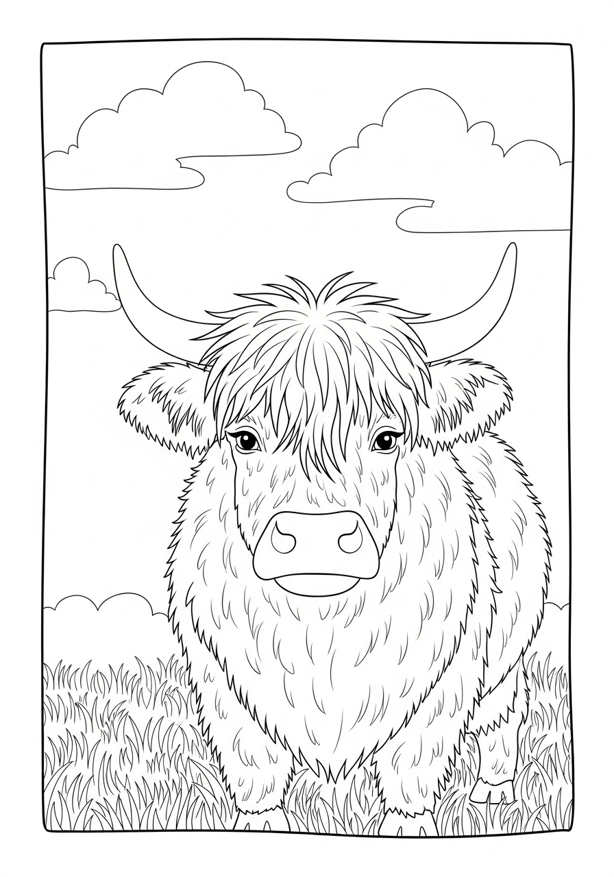 Desenho de Vaca com pelos longos e fundo de nuvens