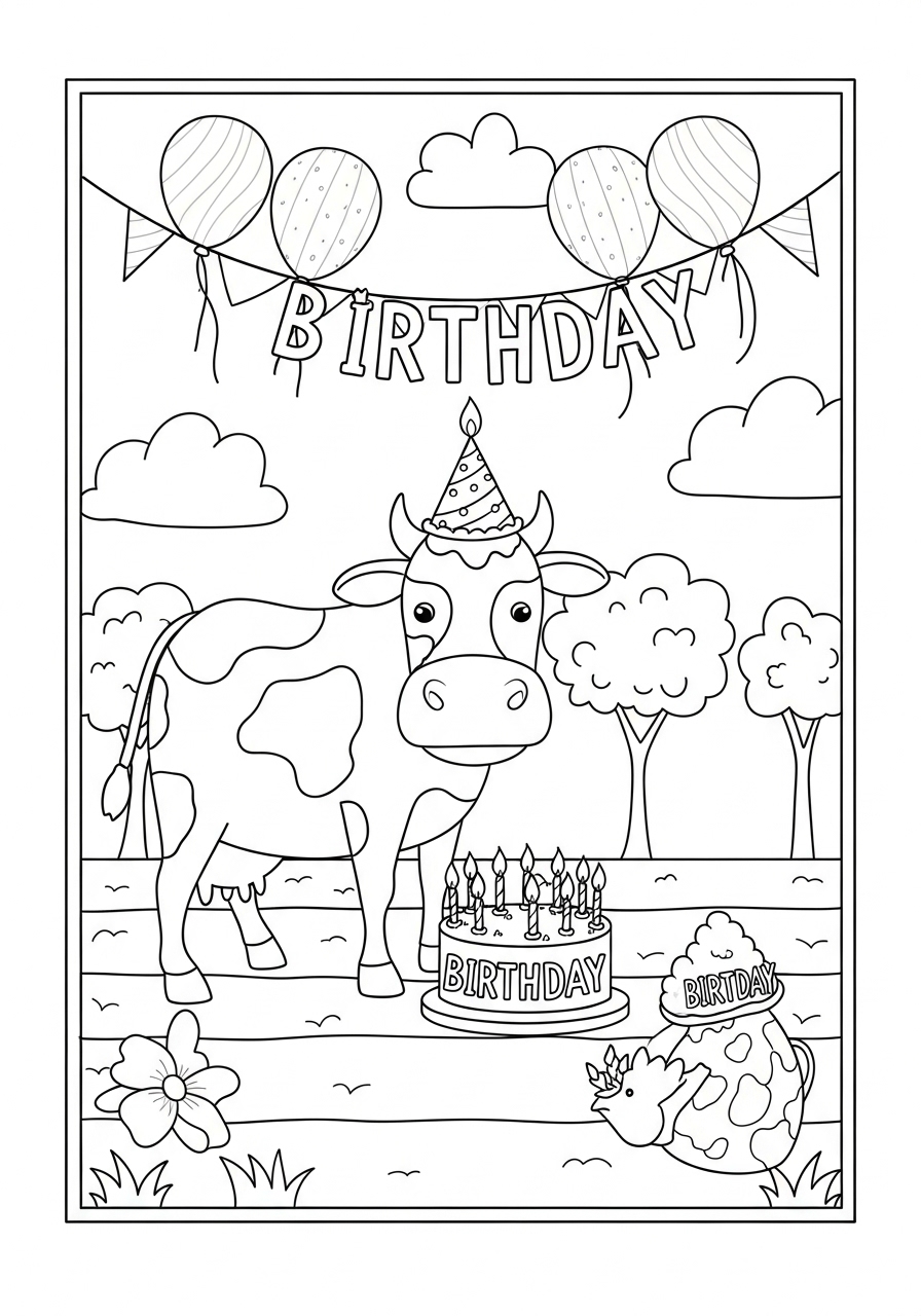 Desenho de Vaca comemorando aniversário com balões