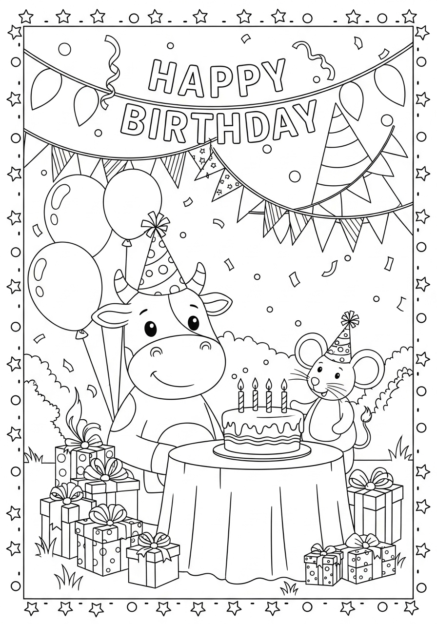 Desenho de Vaca comemorando aniversário com bolo e balões