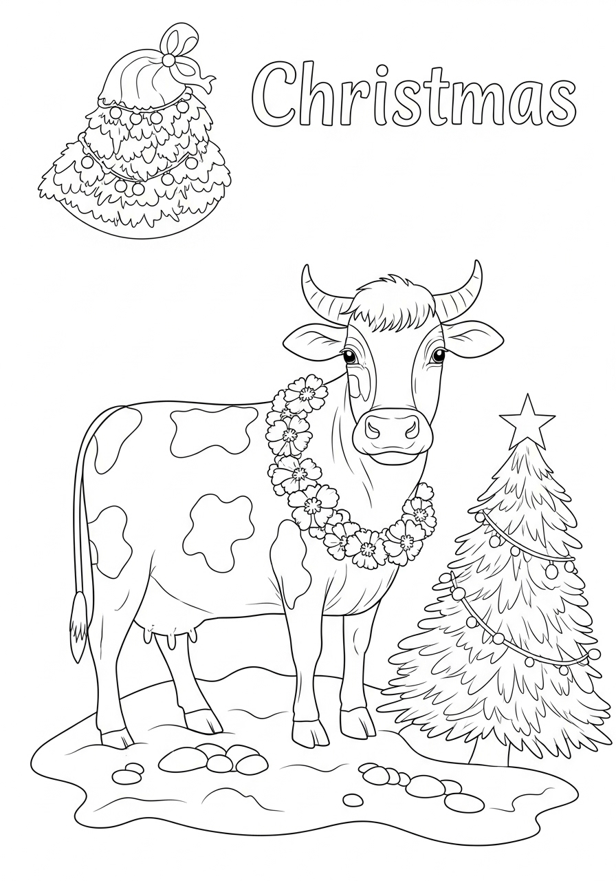 Desenho de Vaca com guirlanda e árvore de Natal