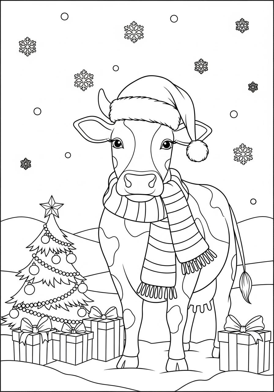 Desenho de Vaca com chapéu de Natal e presentes