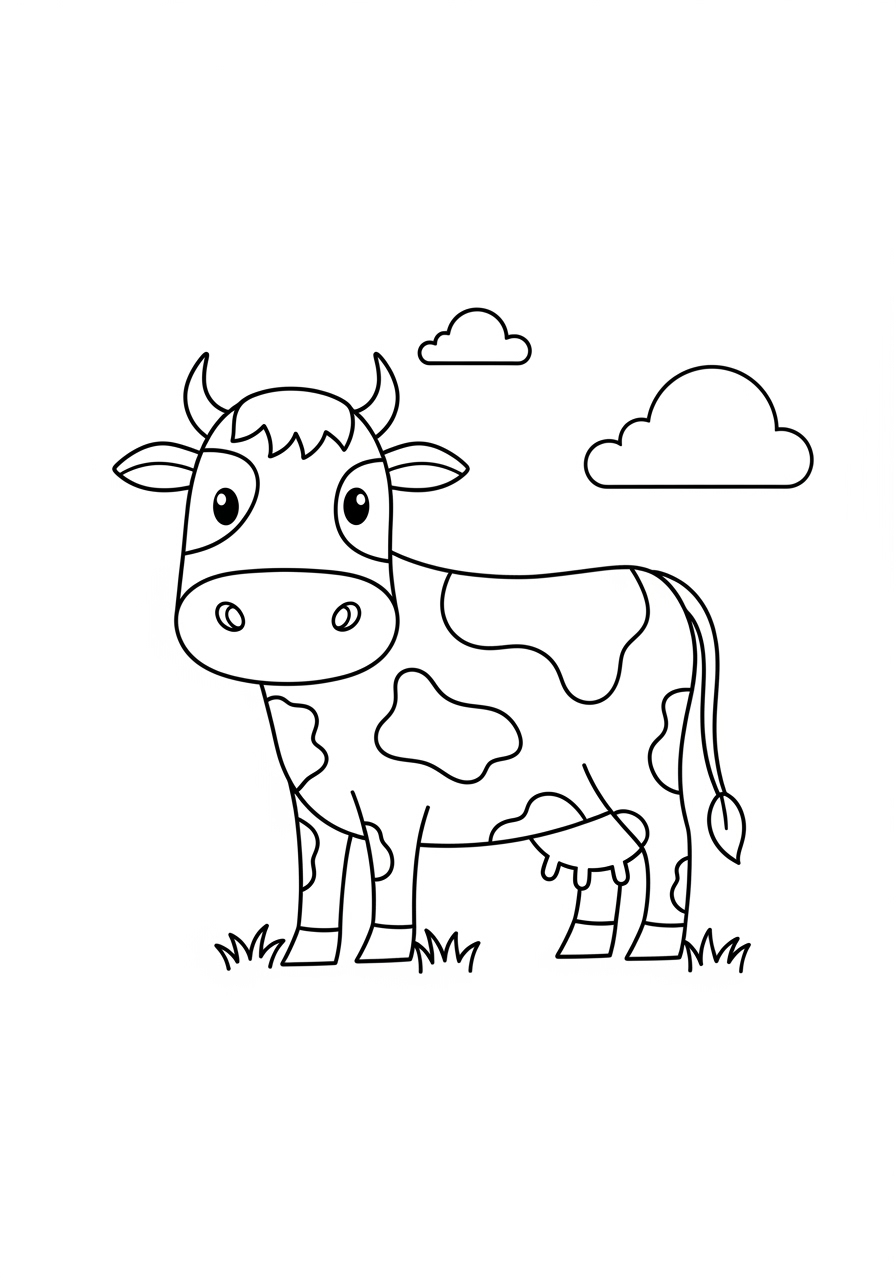 Desenho de Vaca com nuvens e grama para colorir