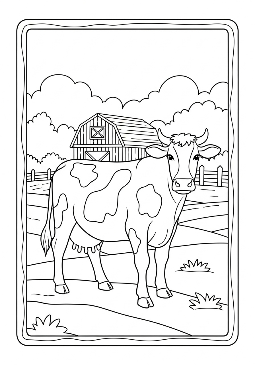 Desenho de Vaca em pastagem perto de celeiro