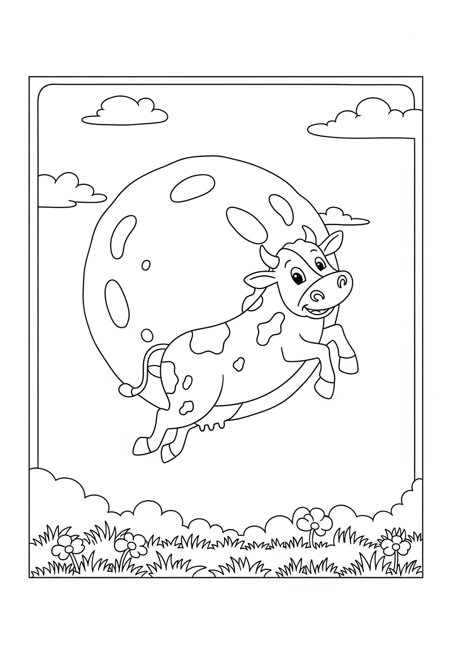 Desenho de Vaca saltando com lua e nuvens