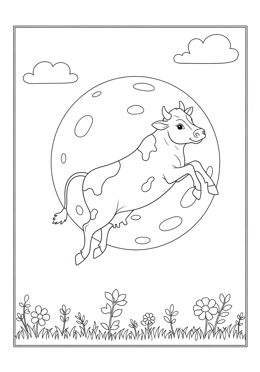 Desenho de Vaca saltando com flores e nuvens