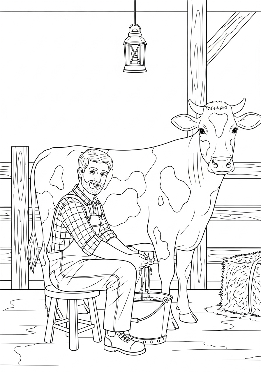 Desenho de Vaca e fazendeiro ordenhando na estrebaria