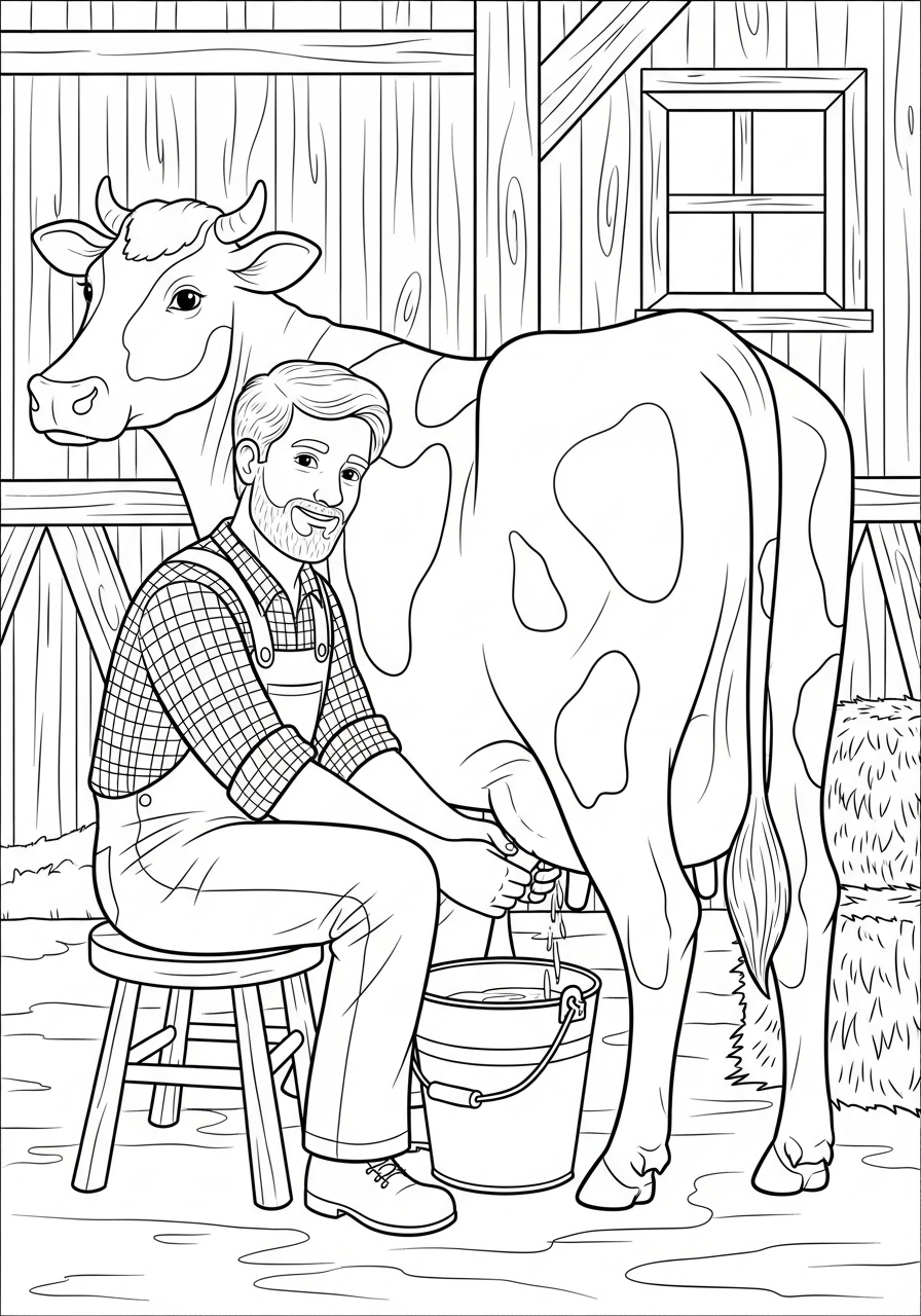 Desenho de Vaca sendo ordenhada em um estábulo