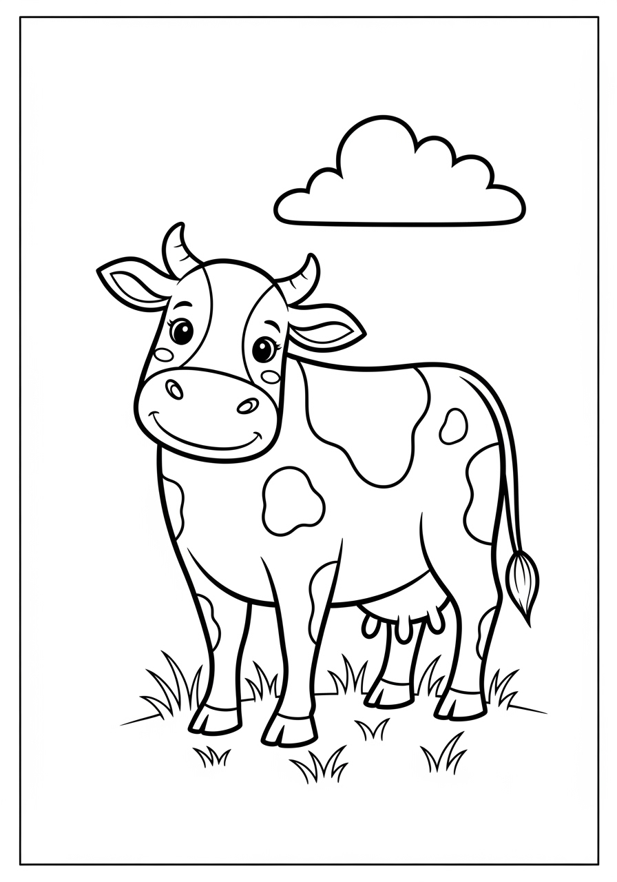 Desenho de Vaca sorridente em um campo com nuvens