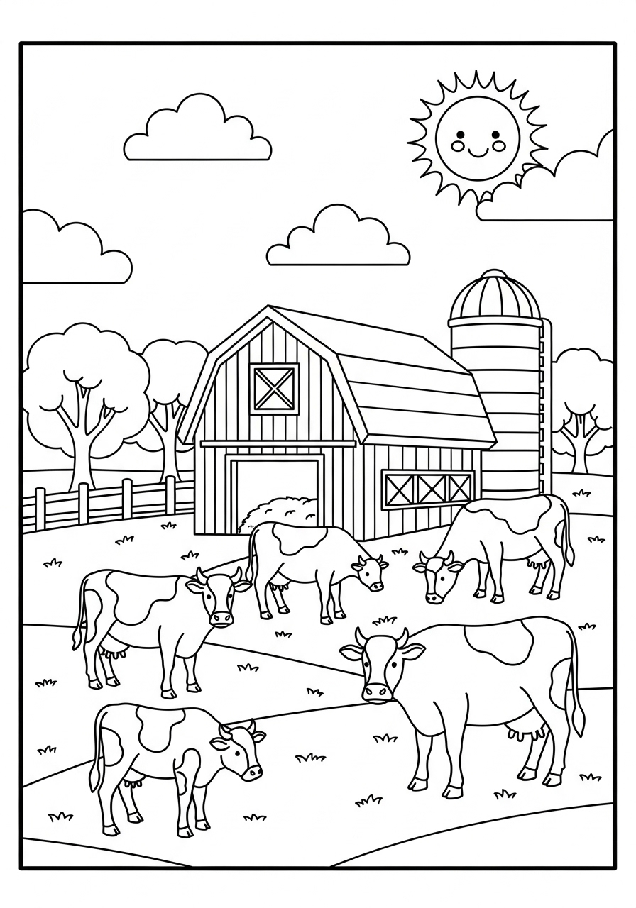 Desenho de Vacas em uma fazenda com um celeiro