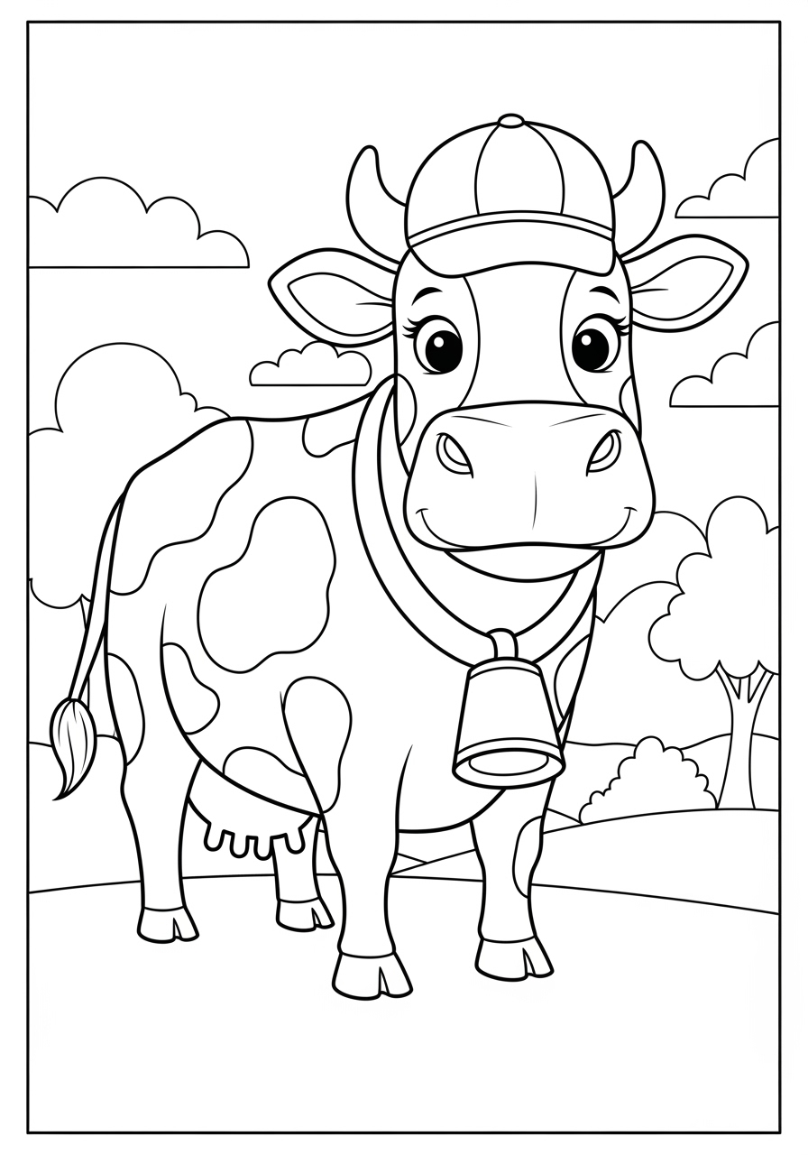 Desenho de Vaca com chapéu e sininho em cenário rural