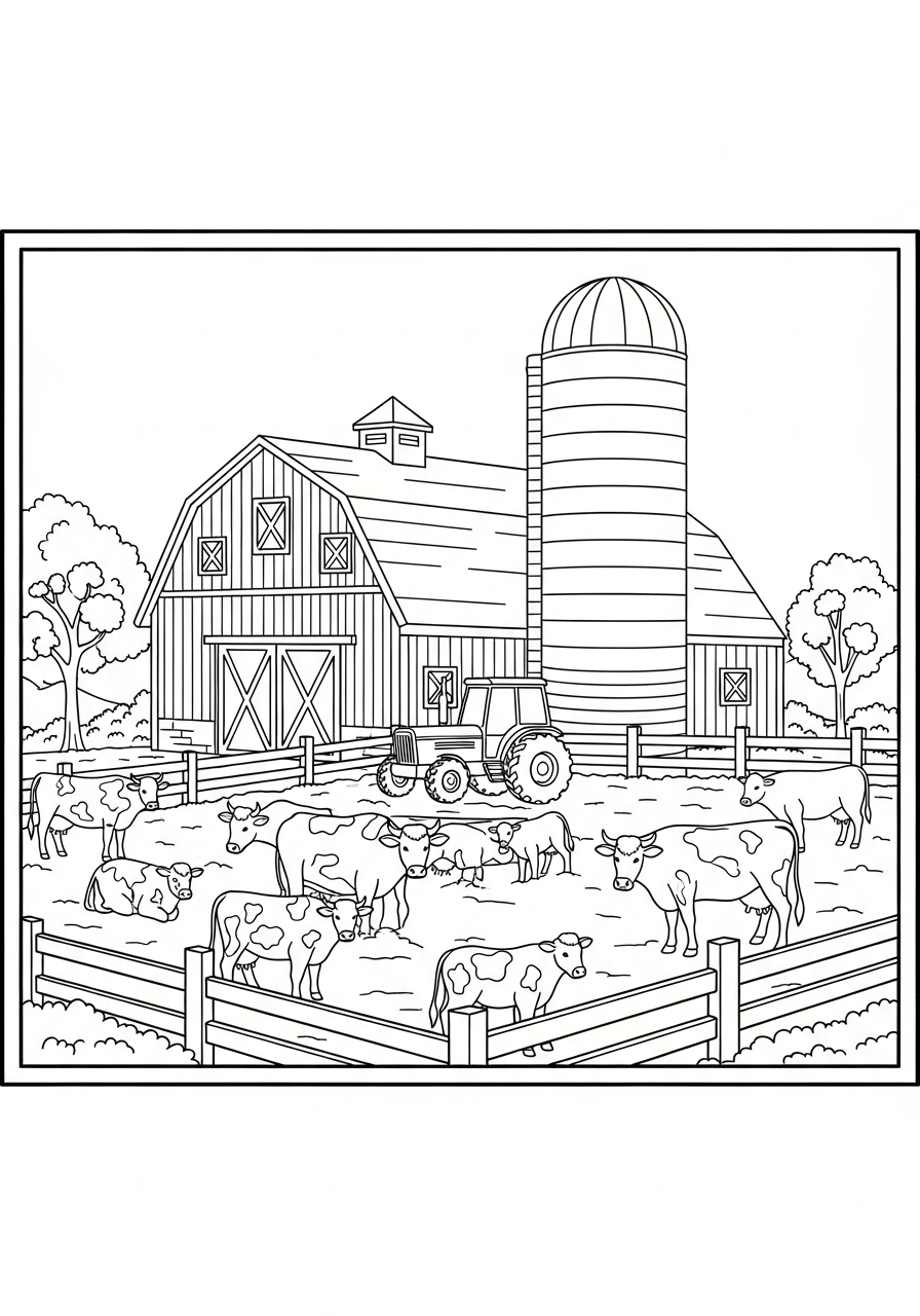 Desenho de Vaca em fazenda com celeiro e trator