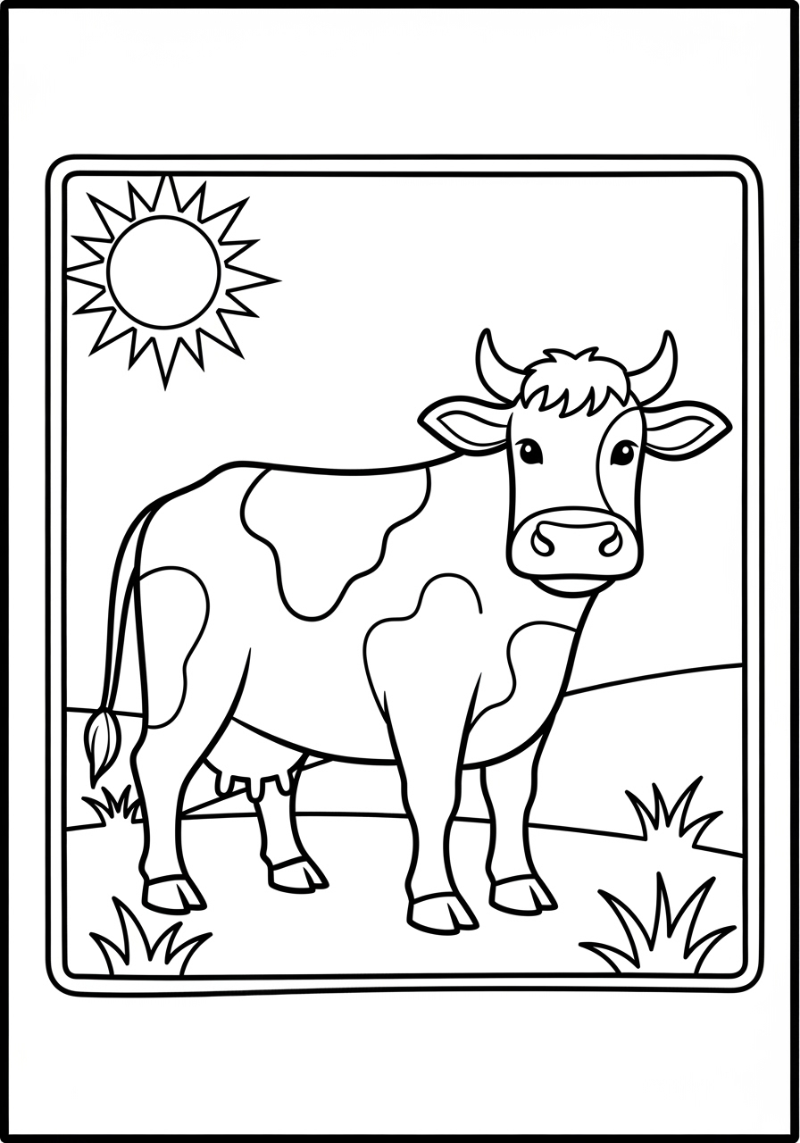 Desenho de Vaca em um campo com sol e grama