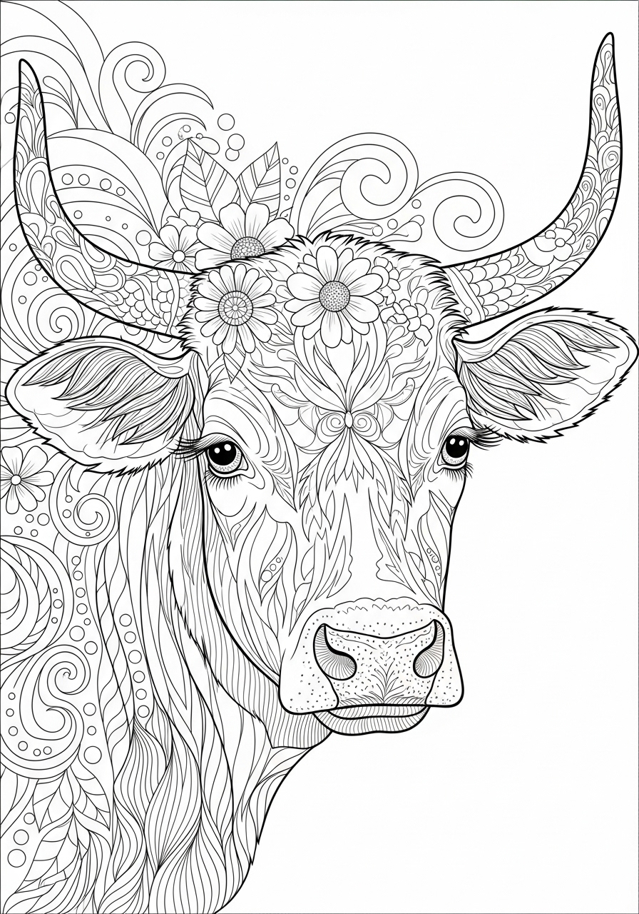 Desenho de Vaca com detalhes florais para colorir