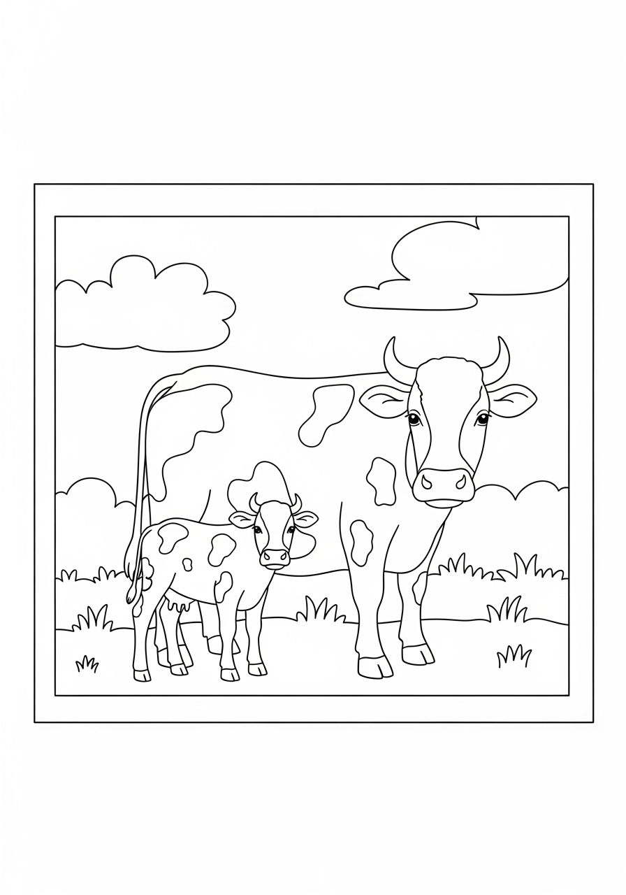 Desenho de Vaca e bezerro no campo para colorir