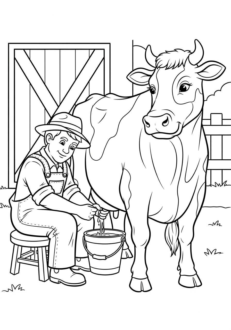 Desenho de Vaca sendo ordenhada por menino na fazenda