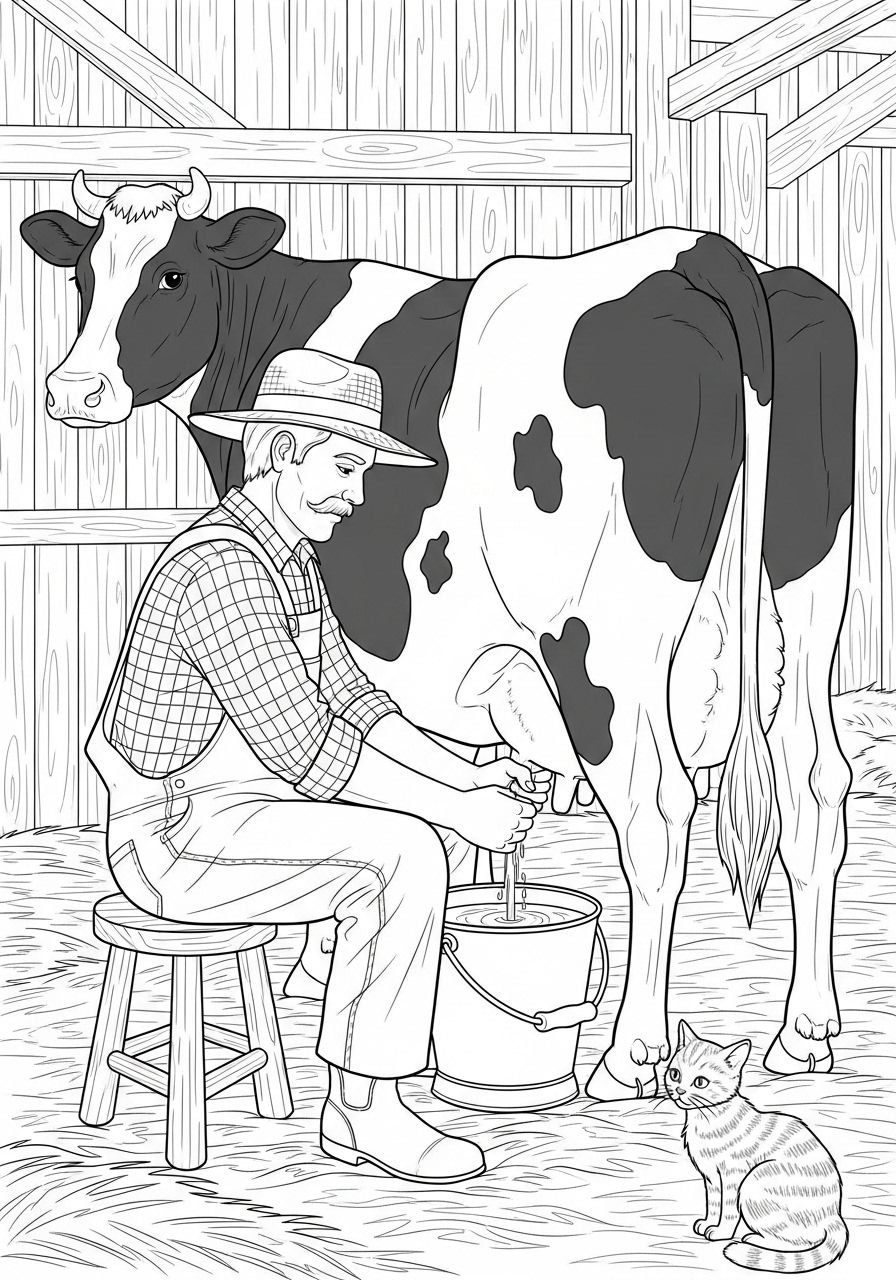 Desenho de fazendeiro ordenhando Vaca em celeiro