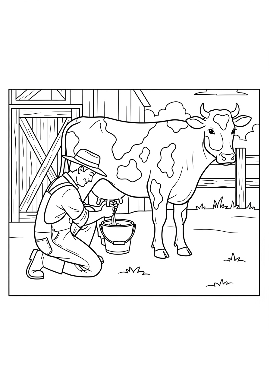Desenho de Vaca sendo ordenhada por um fazendeiro