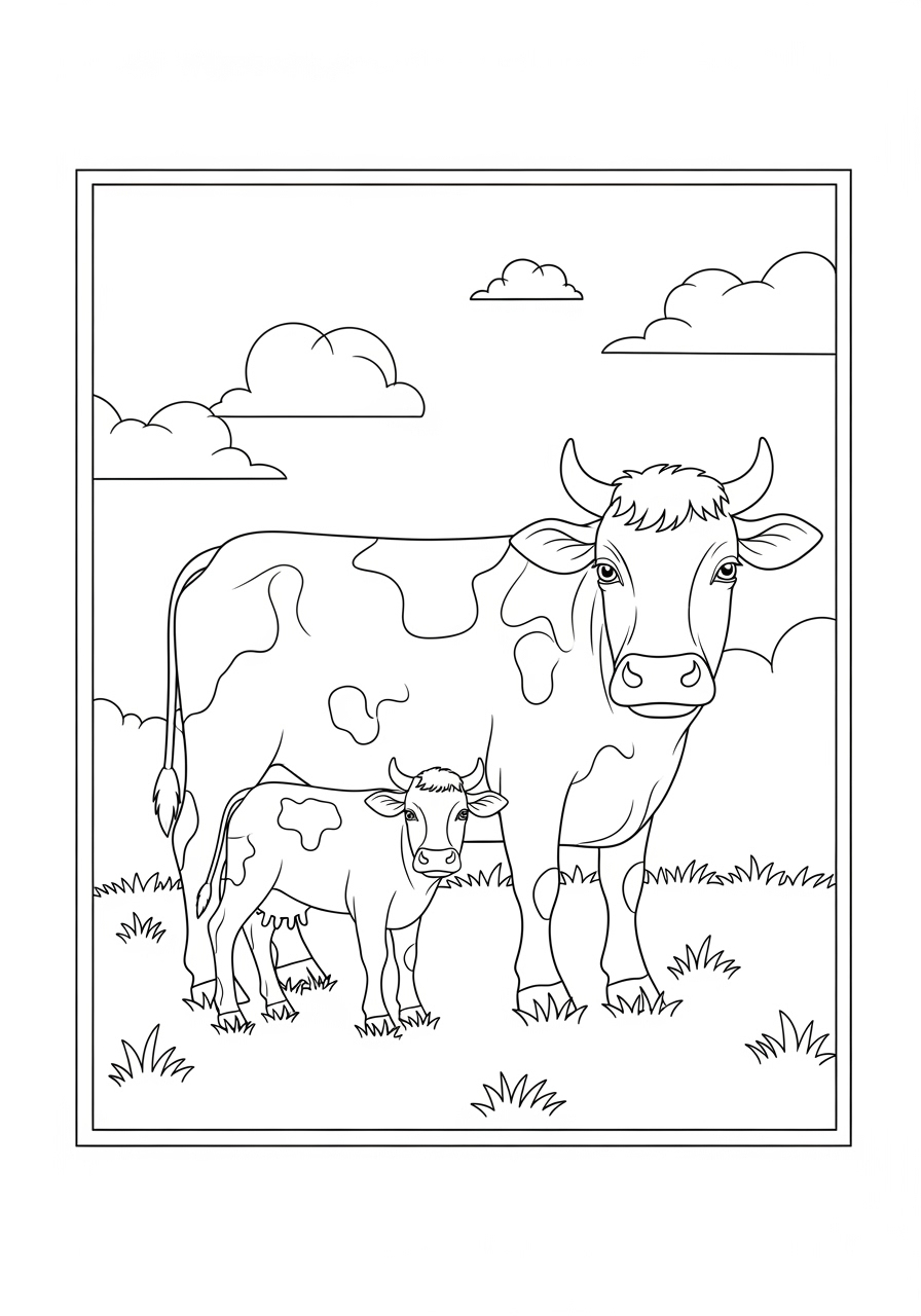 Desenho de Vaca e seu bezerro em campo aberto