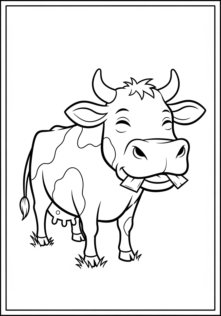 Desenho de Vaca feliz com grama na boca para colorir