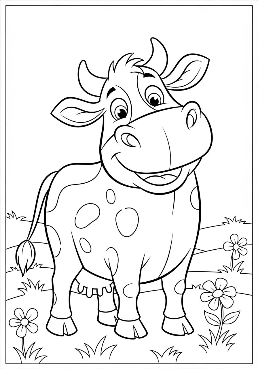Desenho de Vaca com expressão simpática em um campo