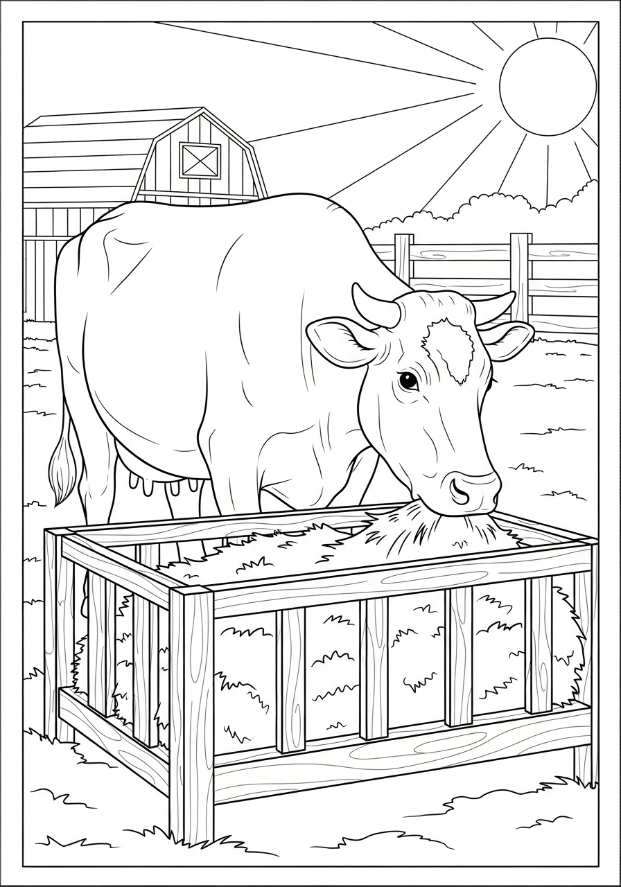 Desenho de Vaca comendo em um estábulo ao sol