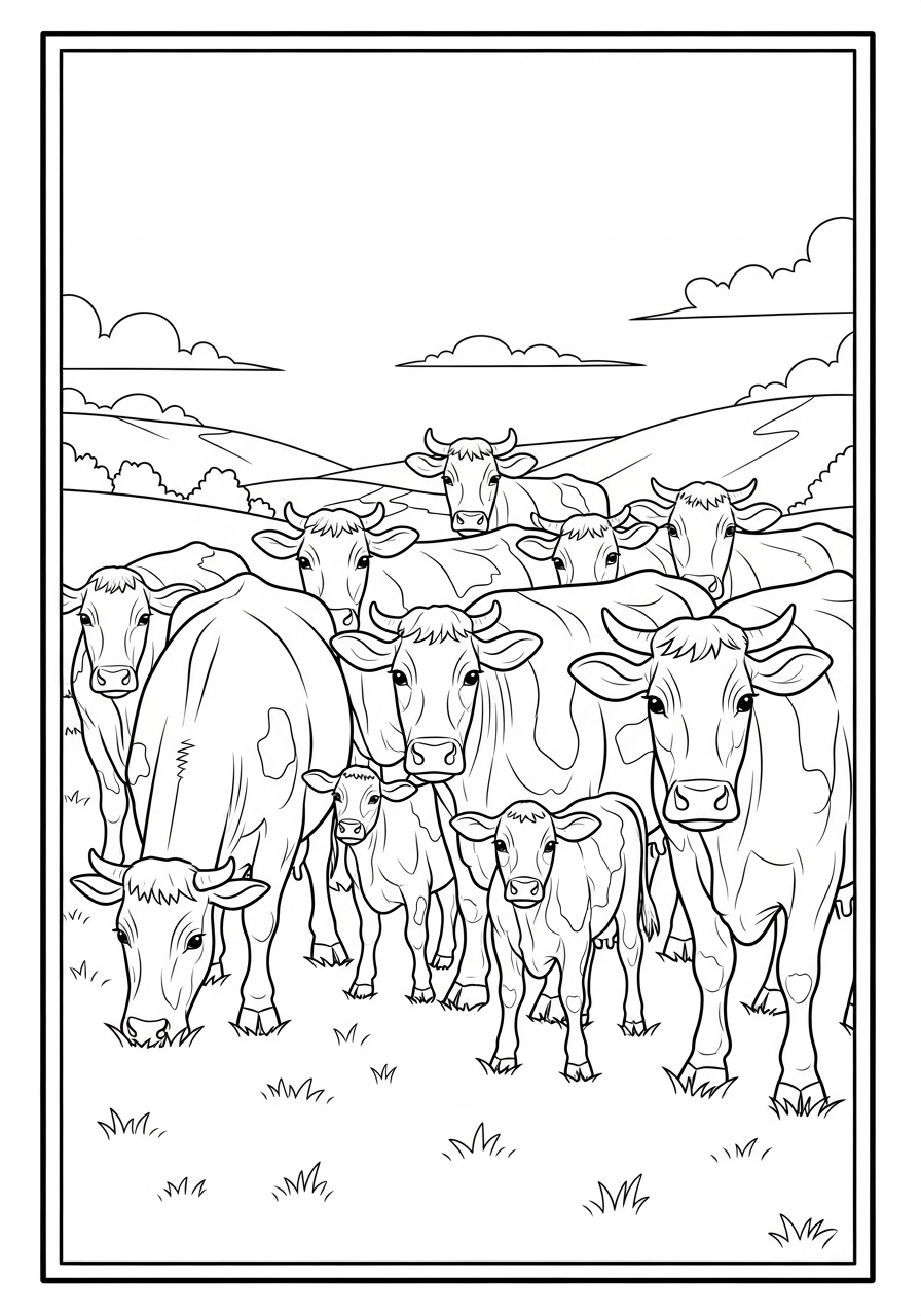 Desenho de várias Vacas em um pasto para colorir