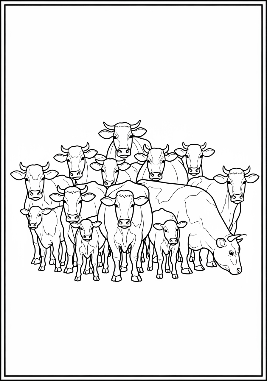 Desenho de várias vacas em grupo para colorir