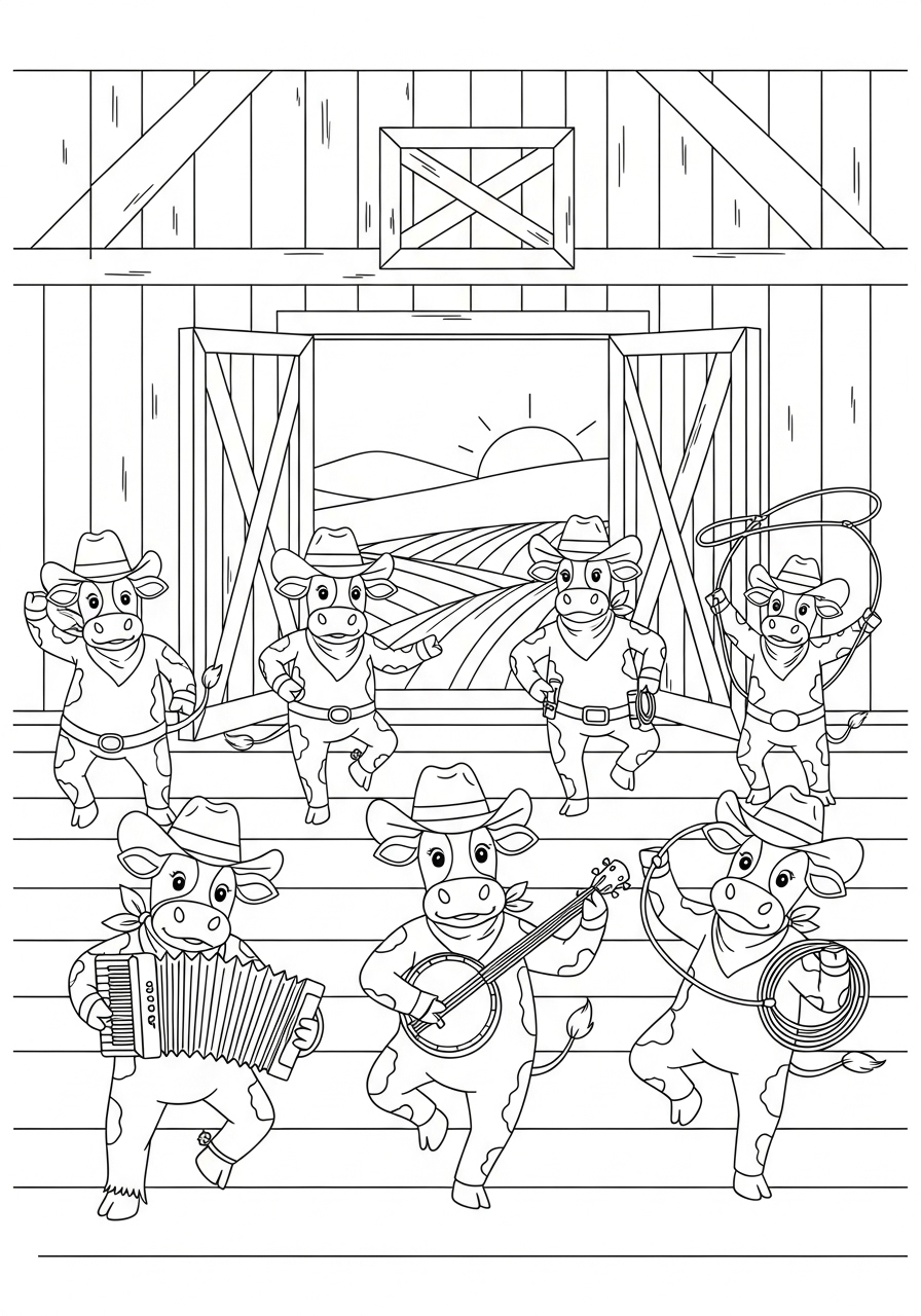 Desenho de Vacas tocando instrumentos em um celeiro