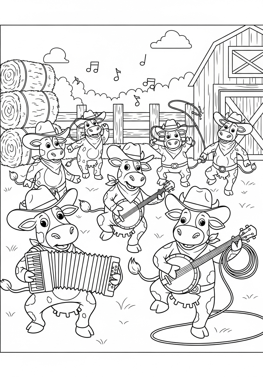 Desenho de Vacas se divertindo em cenário rural