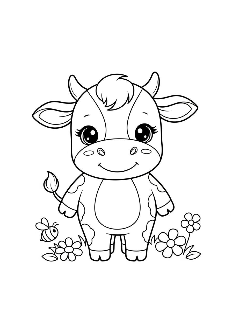 Desenho de Vaca fofa com flores e abelha ao redor