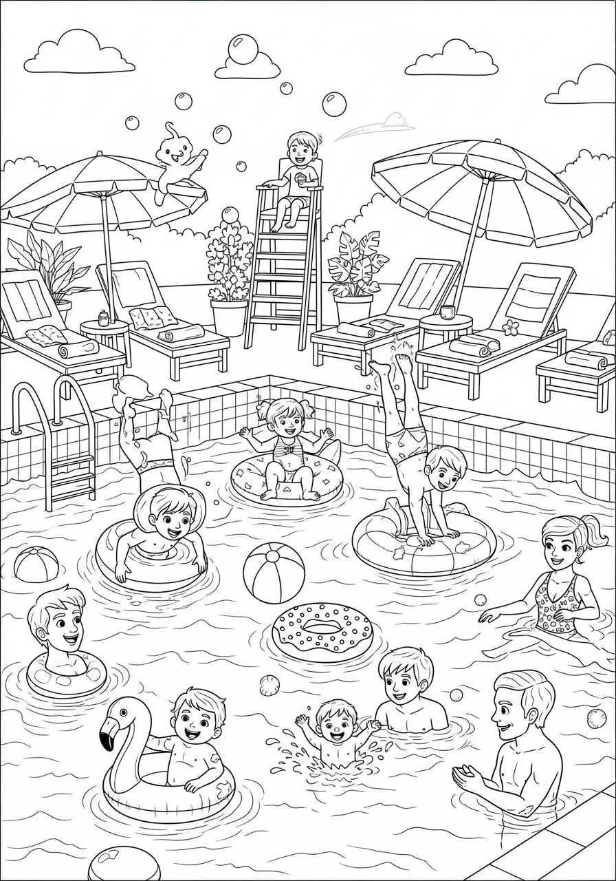 Desenho de Verão crianças se divertindo na piscina para colorir
