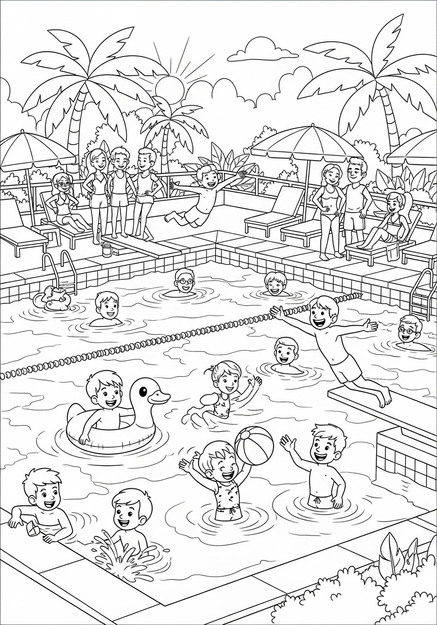 Desenho de Verão crianças se divertindo na piscina para colorir