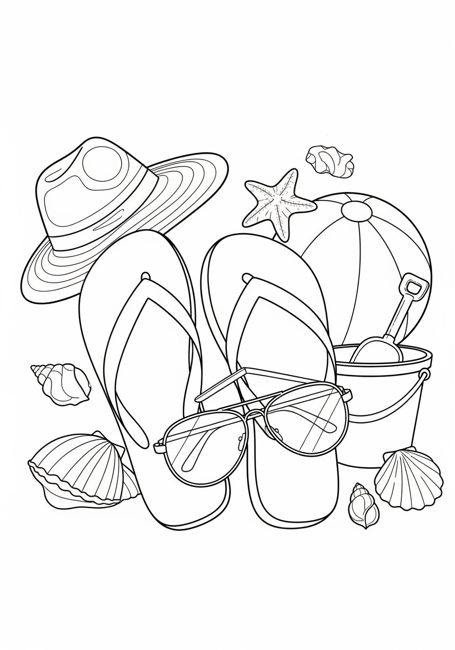 Desenho de Verão chinelos e acessórios de praia para colorir