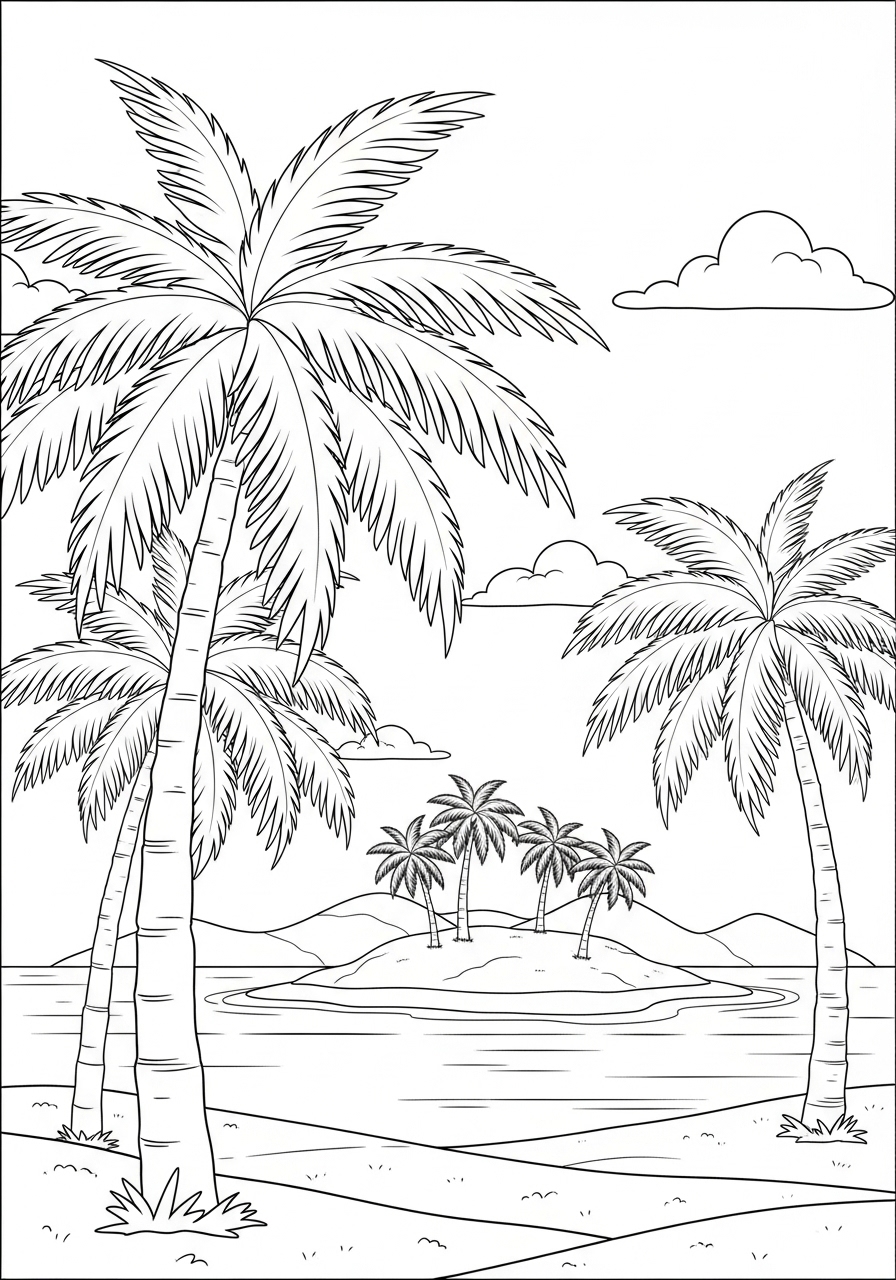 Desenho de Verão palmeiras e paisagem tropical para colorir
