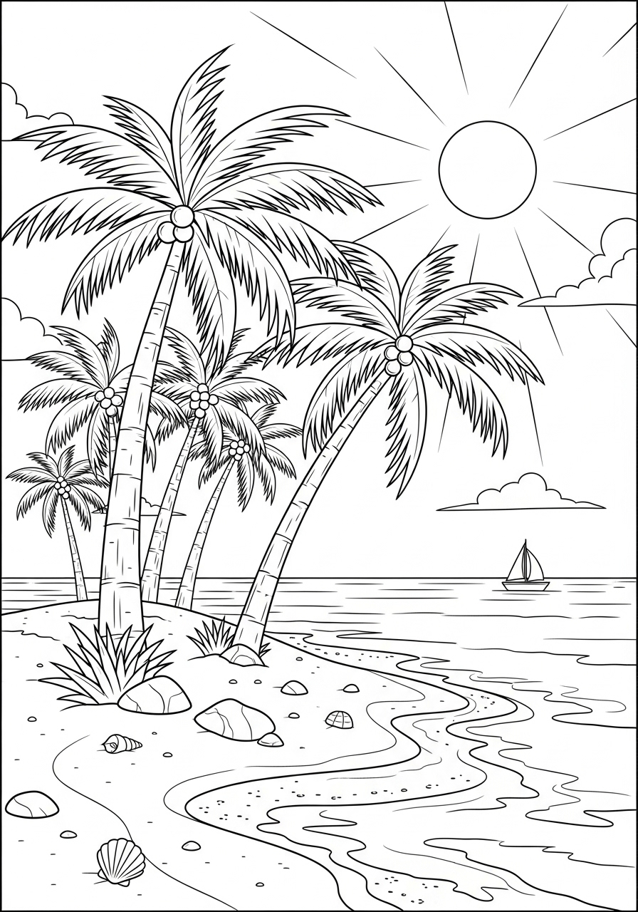 Desenho de Verão paisagem tropical para imprimir e colorir