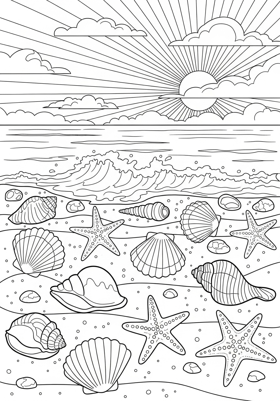 Desenho de Verão com conchas e estrelas do mar para colorir