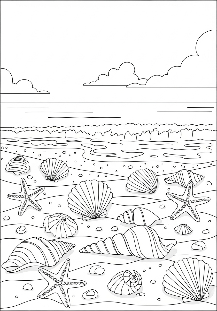 Desenho de Verão conchas e estrelas do mar para imprimir e colorir