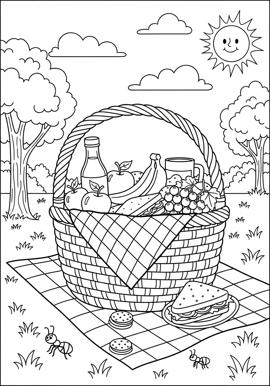 Desenho de Verão cesta de piquenique para imprimir e colorir