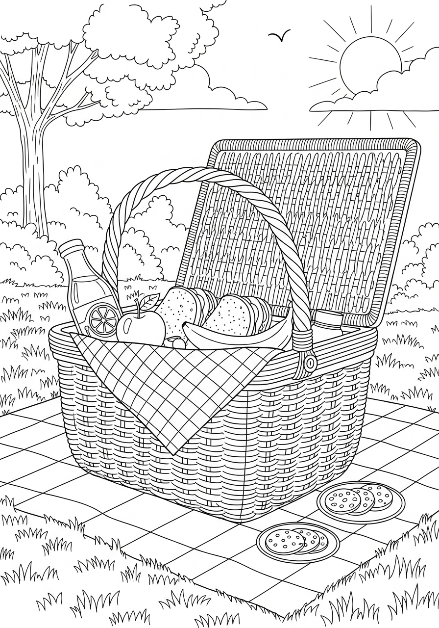 Desenho de Verão cesta de piquenique para imprimir e colorir