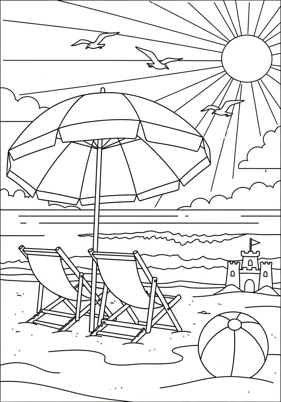 Desenho de Verão com guarda-sol e cadeira na praia
