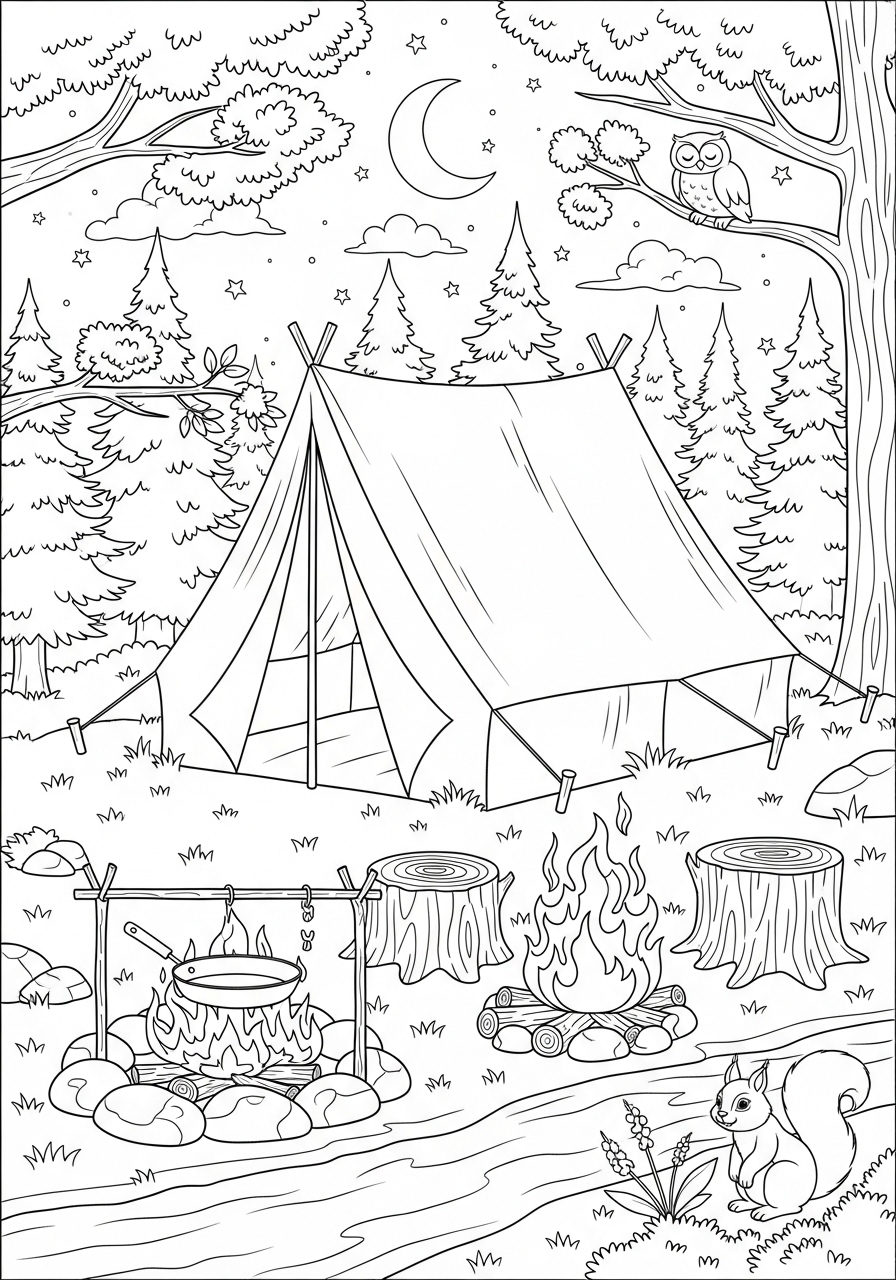 Desenho de Verão acampamento na floresta para imprimir e colorir