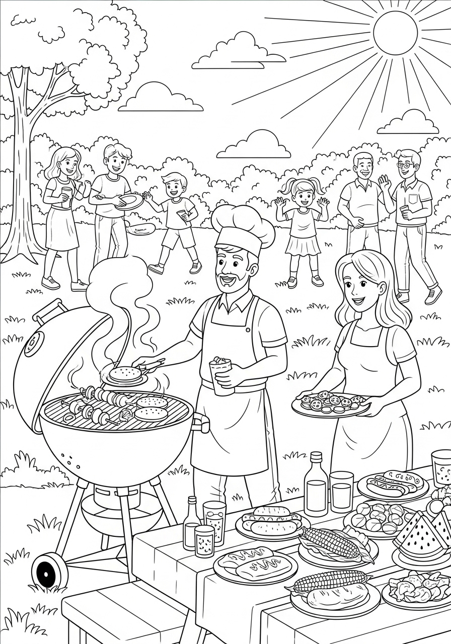 Desenho de Verão churrasqueira em um piquenique para colorir