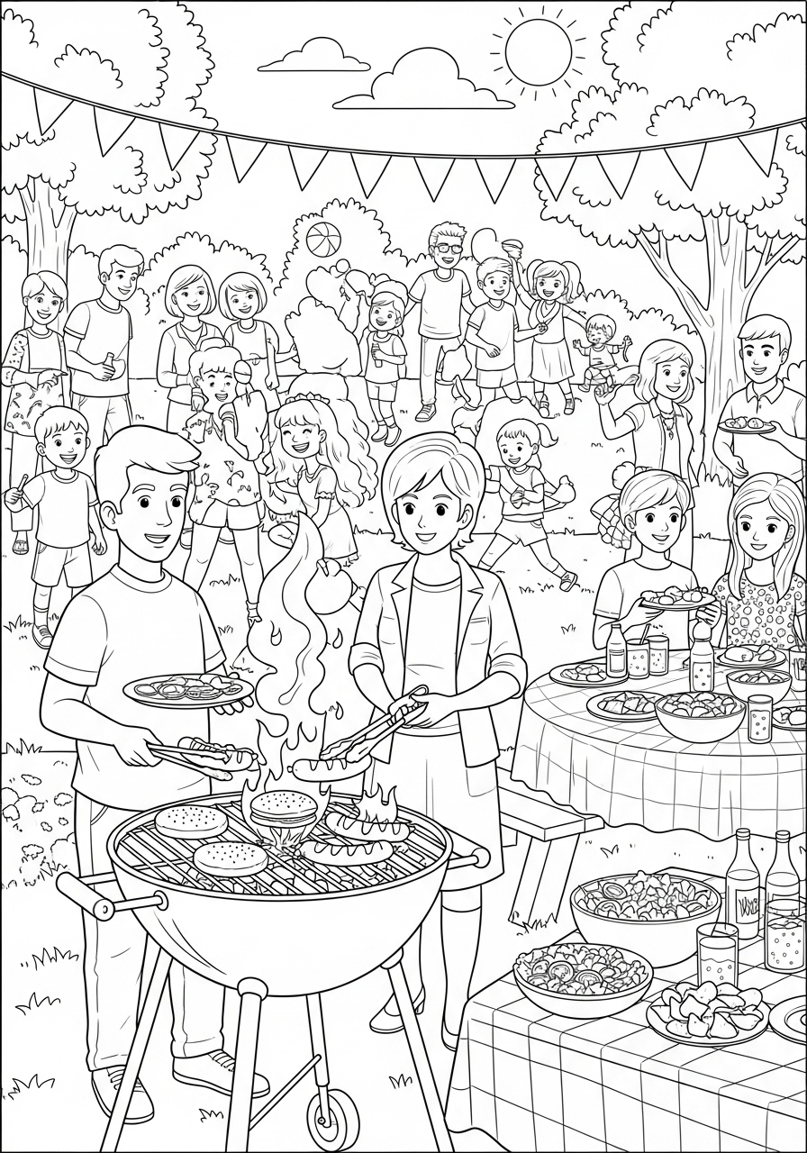 Desenho de Verão em piquenique com churrasqueira para colorir