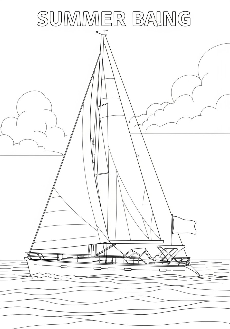 Desenho de Verão barco à vela na água para imprimir e colorir