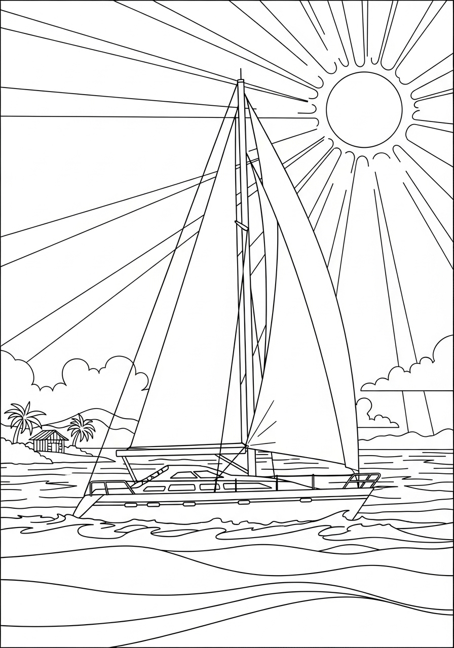 Desenho de Verão veleiro navegando no mar para imprimir e colorir